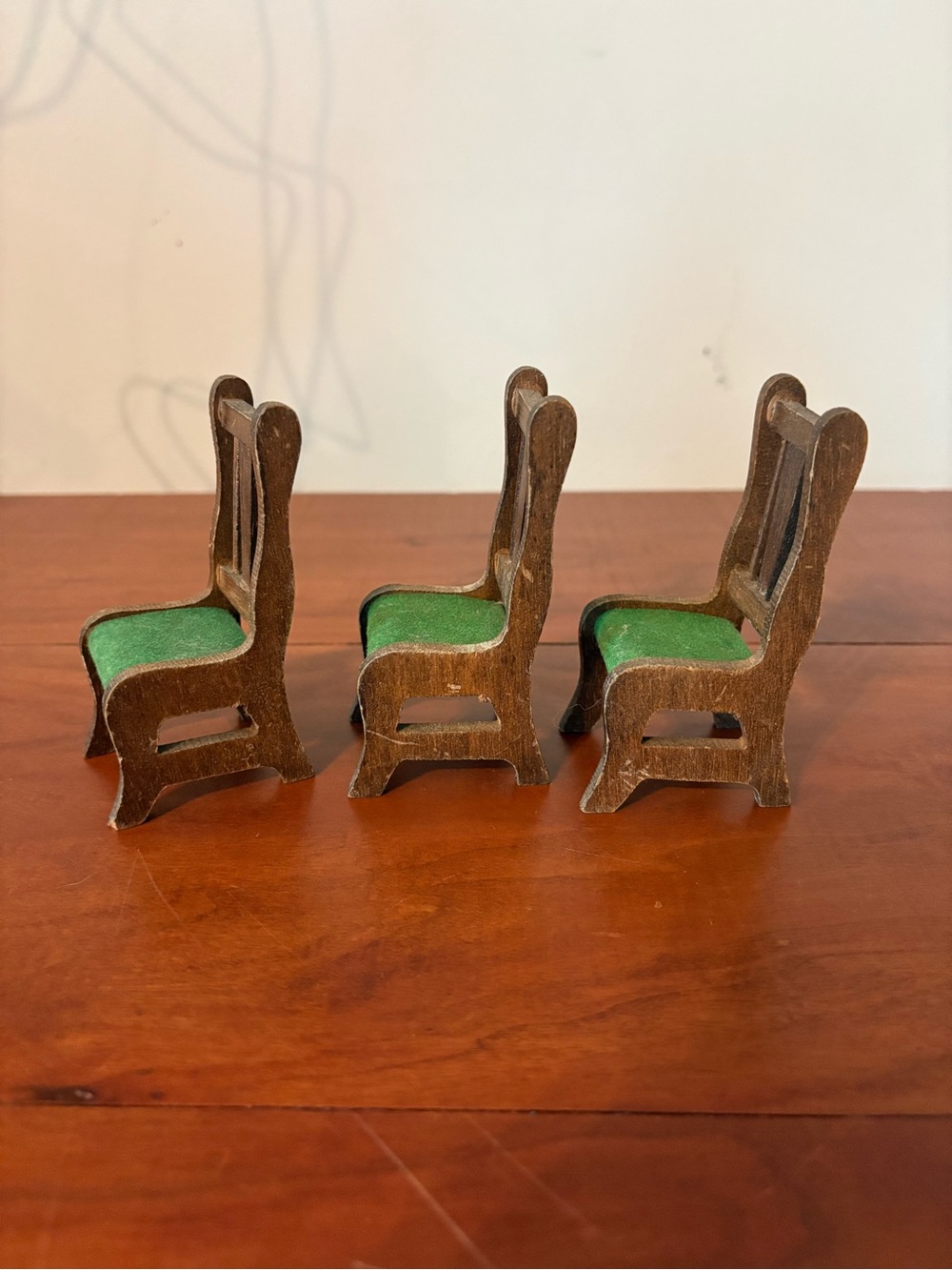 Vintage Dollhouse Dining Chairs Wood Green Upholstery Set of 3